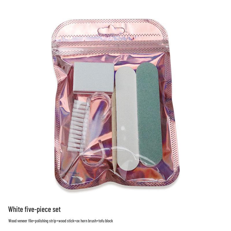 5-Piece Manicure Kit: Press-on Nail Tool with Wood Grain File, Polishing Strip, Wood Stick, Horn Brush & Sponge Block