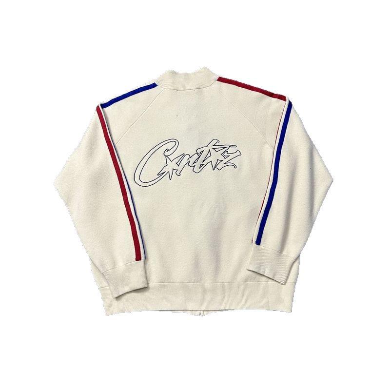 Corteiz Stickad Cardigan med Broderad Ståkrage och Dragkedja - Röd/Blå Kant