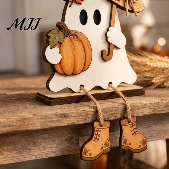Wooden Ghost Figurines for Fall Harvest Festival Ornament Autumn Home Desktop Decoration, Cute Atmosphere Accessories Halloween Tabletop Figurine with