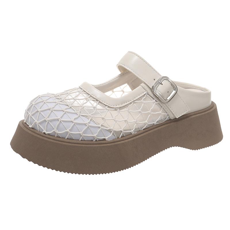 2025 New Mesh Hollow Big Head Metal Buckle Thick Bottom Muffin Heightening Small Bag Head Half Slippers Women's Shoe Holder