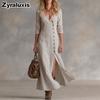 New Spring Summer Fashion Casual Cotton Linen Long Sleeve Buttoned Collar Women's Dress