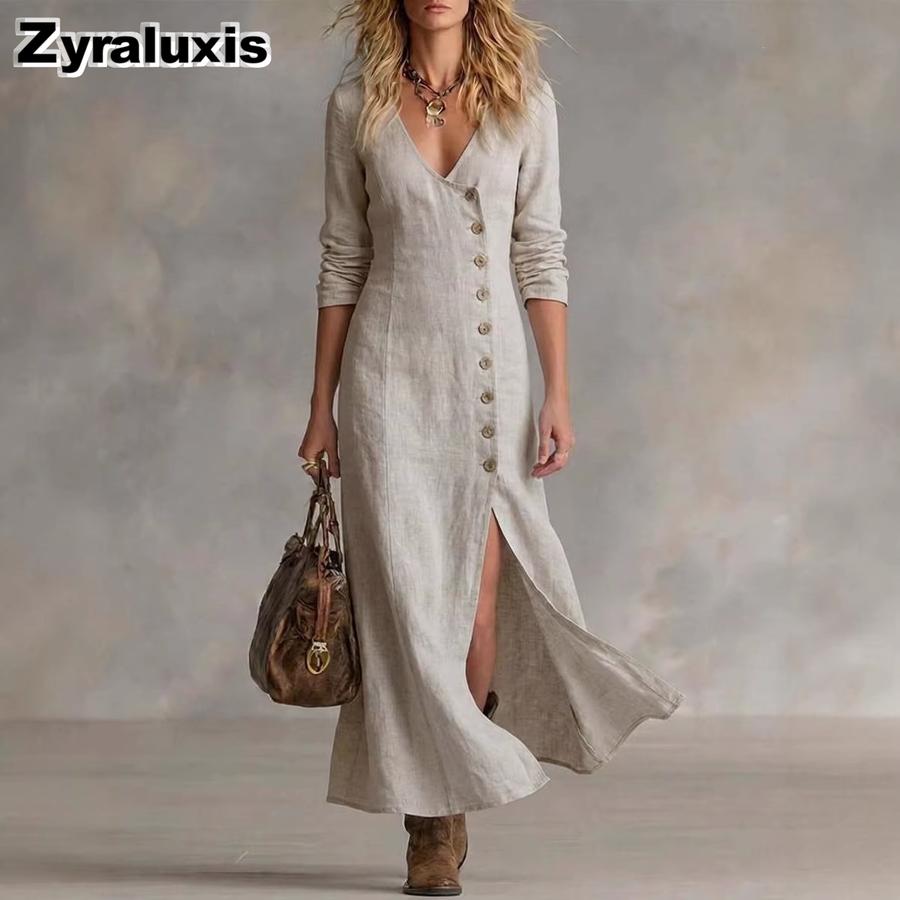 New Spring Summer Fashion Casual Cotton Linen Long Sleeve Buttoned Collar Women's Dress