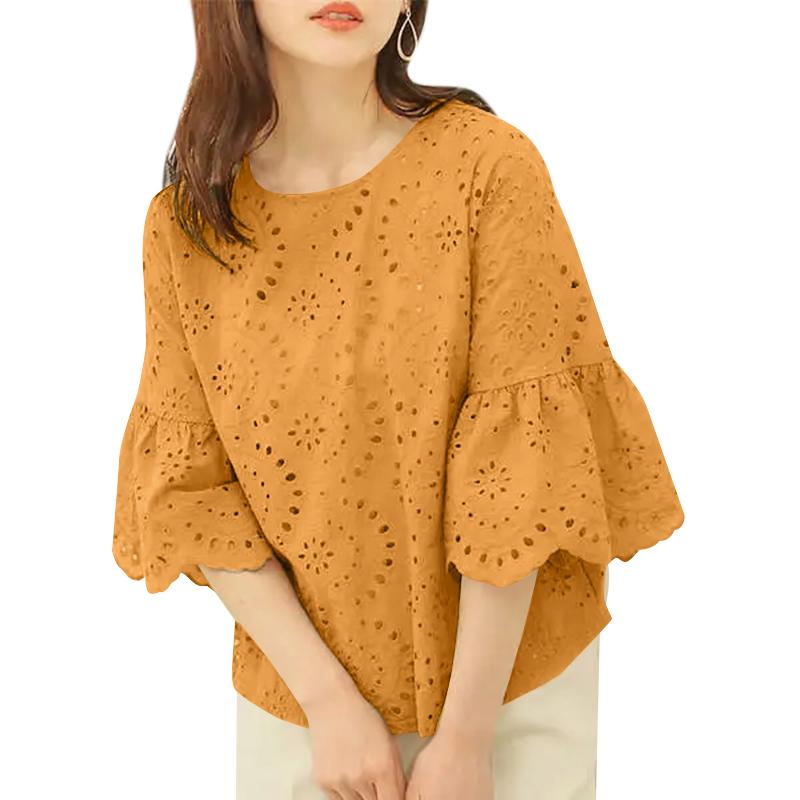 

ZANZEA Женская повседневная блузка с круглым вырезом, рукавами 3/4, свободная, кружевная, вязаная крючком M оранжевый