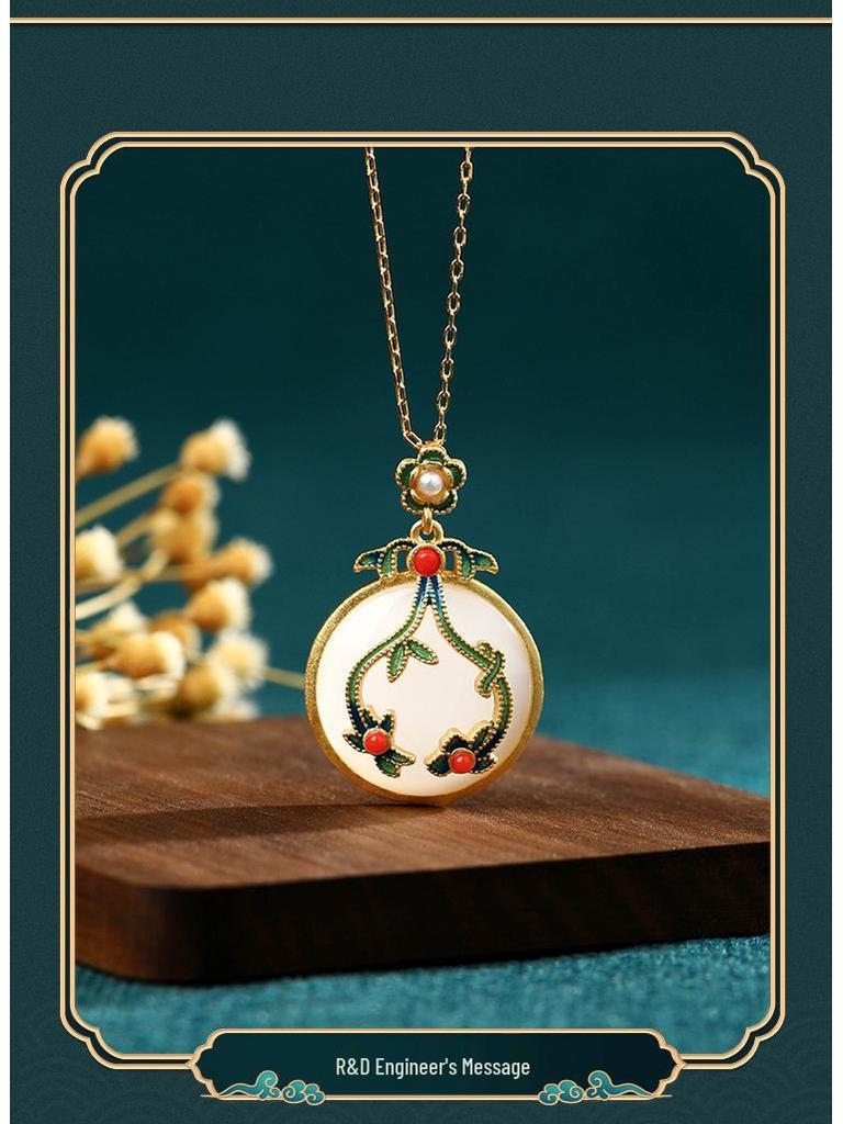 Airyuan Retro Clavicle Chain Enamel Pendant Necklace with Imitation Hetian Jade - Qipao Style Mom Birthday Gift
