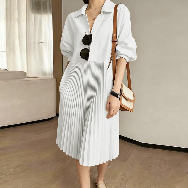 ZANZEA Women Casual Turn Down Collar Solid Color 3/4 Sleeve Pleated Dress S белый