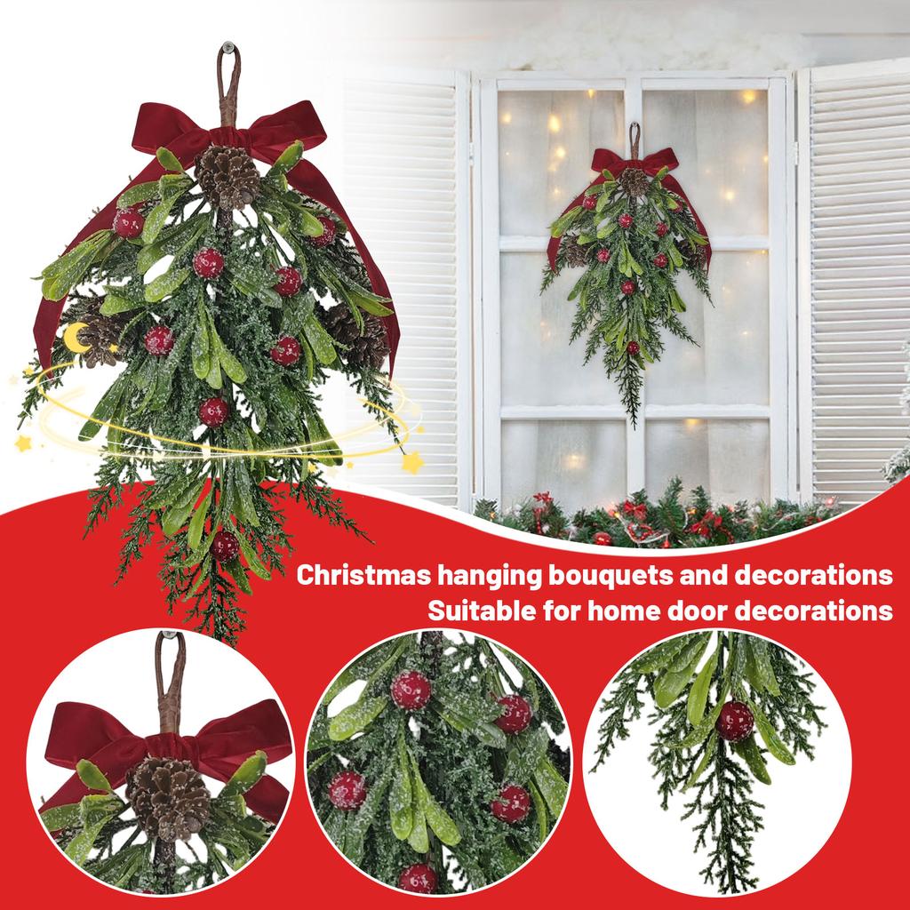 1 Pcs 16'' Christmas Mistletoe Picks Decor, Artificial Mistletoe Kissing Ball Decoration, Xmas Hanging Bunch Ornament With Red Velvet Bow Red Berries