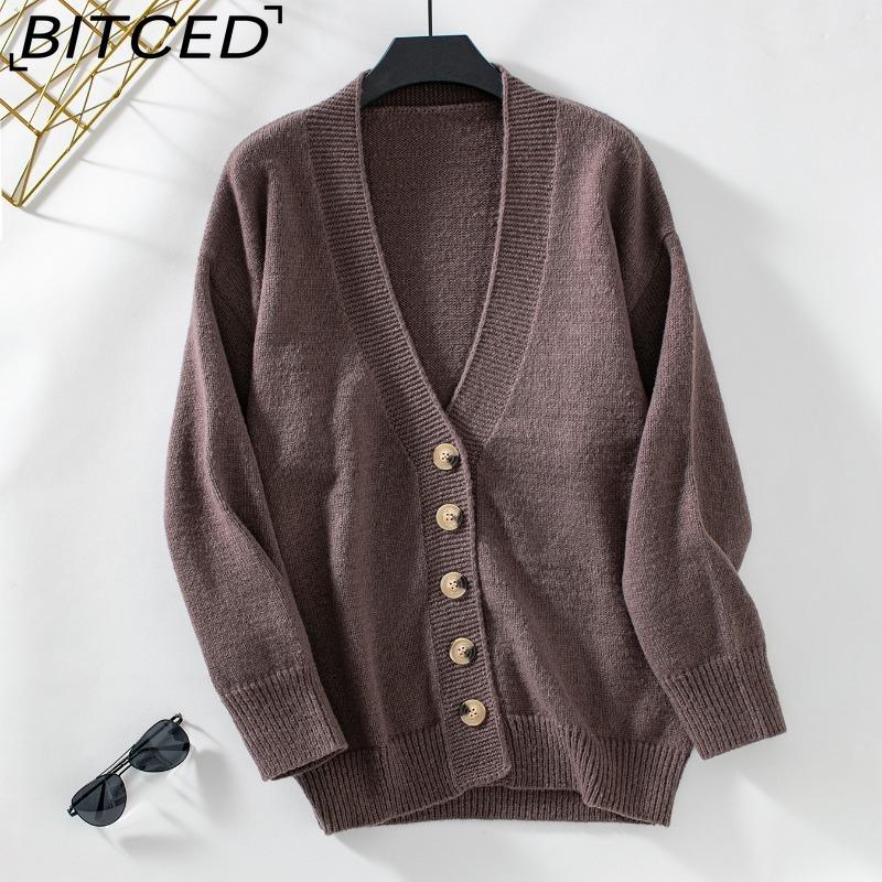 

BITCED Elegant Knit Cardigan for Women - Autumn/Winter Solid-Color Single-Button Sweater Jacket XL кофейный