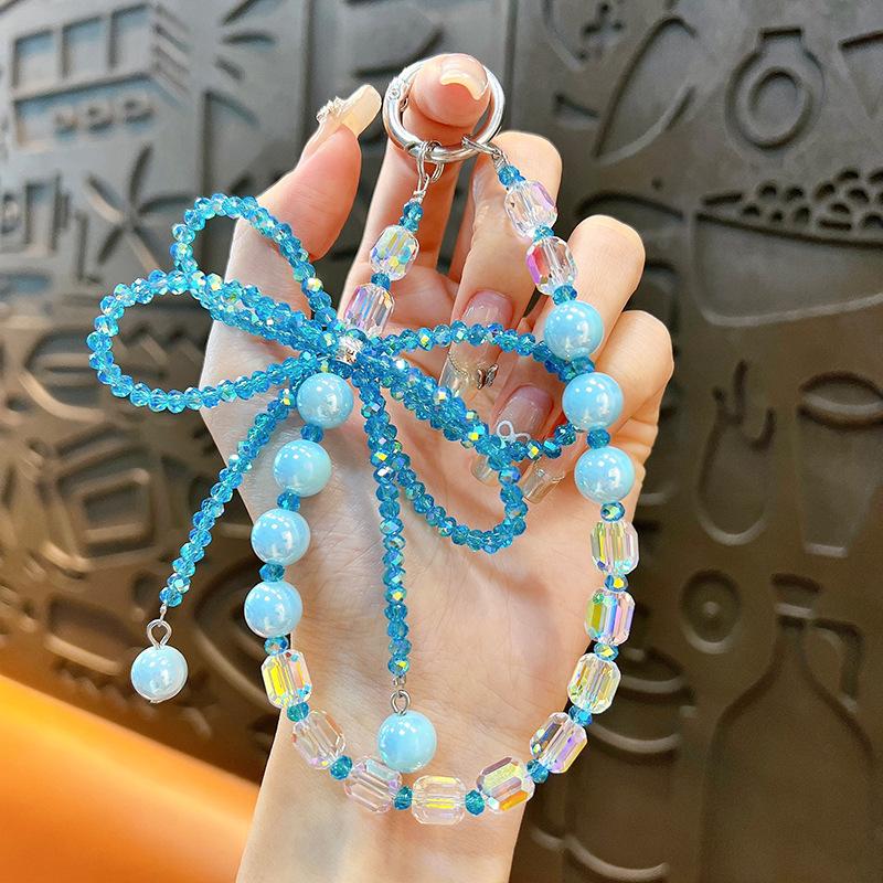 Flash Beaded Mobile Phone Chain Crystal Bow Key Bag Lanyard Pearl Mobile Phone Lanyard Small Gift