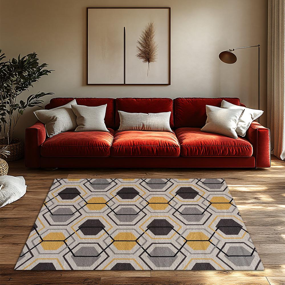 Yellow Gray Geometric Bohemian Rug, Modern Pattern Non-Slip Carpet, Cozy Living Room Mat for Scandinavian Decor