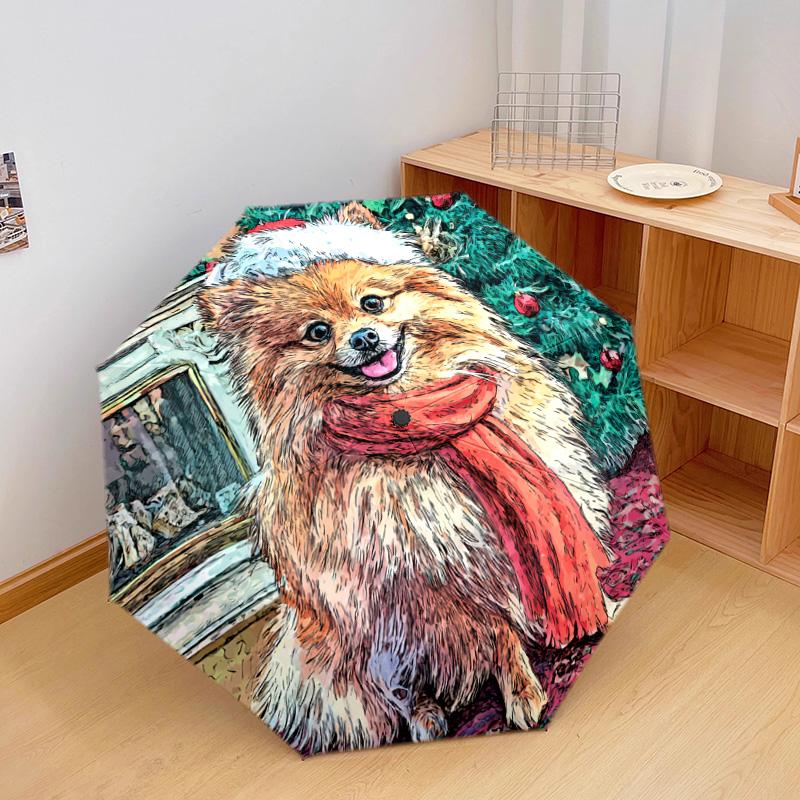 1 PC Automatic Folding Umbrella - Pomeranian Pattern, Portable & Foldable Design with 8 Ribs, Christmas Birthday Gifts