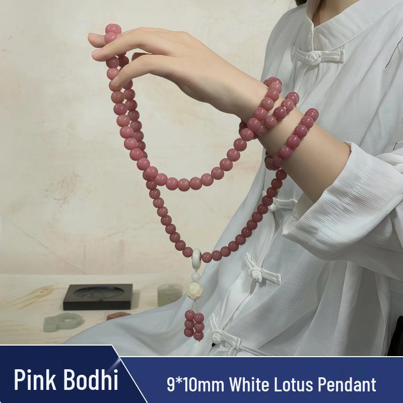Zen Style Bodhi Root Bracelet with Lotus Pendant for Women, 108 Pink Beads