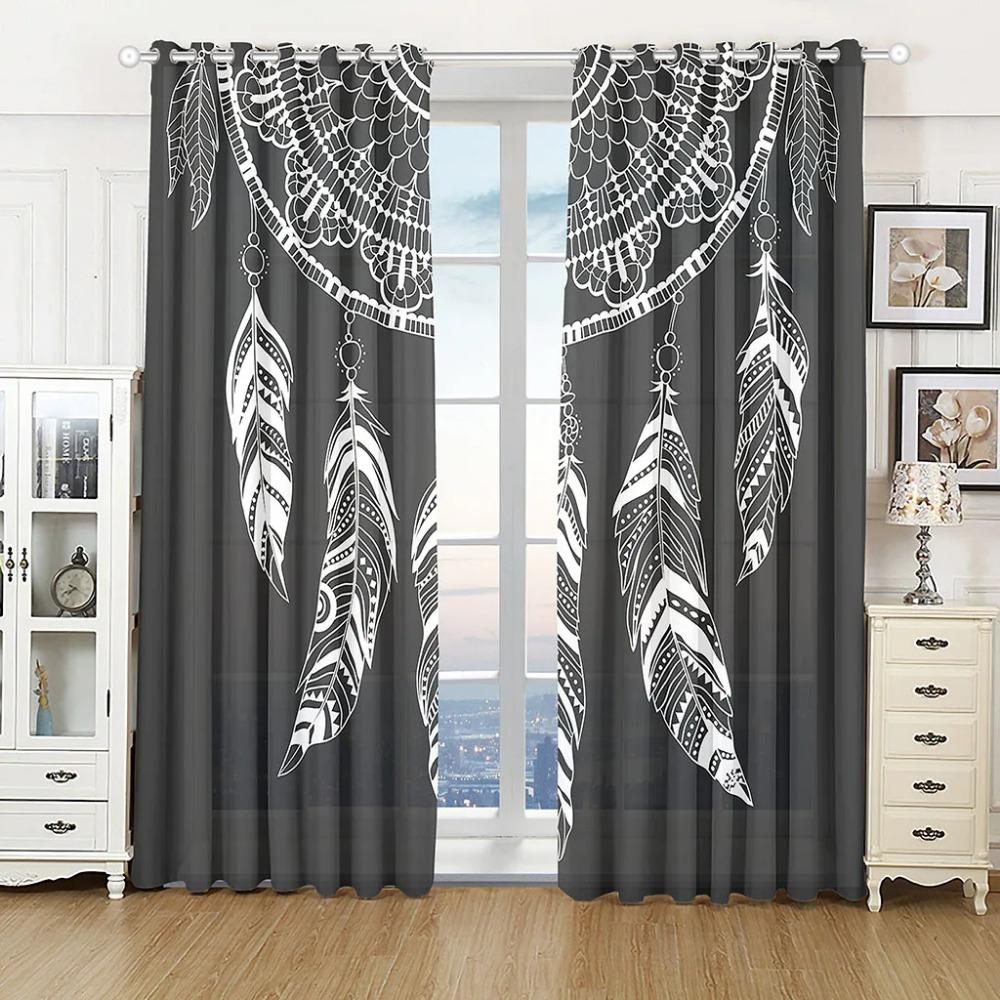 2pcs Window Curtain Boho Dream Catcher Curtains Bohemian Blackout Window Curtain for Girls Children Women Bedroom Feather