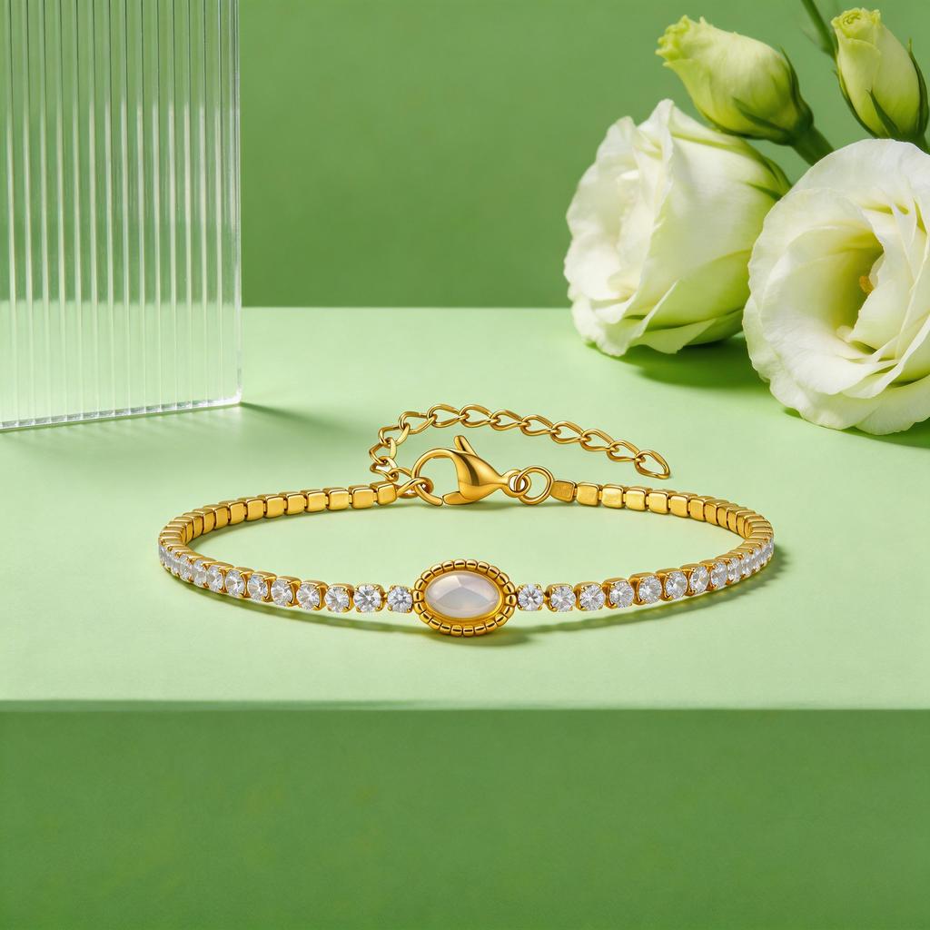 Dainty Moonstone Tennis Bracelet for Women Stainless Steel CZ Crystal Chain Bracelets Zircon Vintage Jewelry Gift for Her