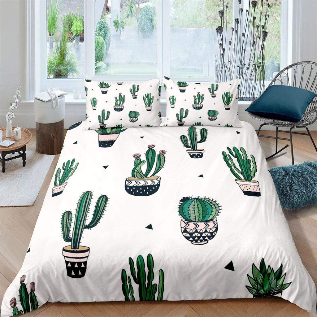 Cactus Duvet Cover Set King Size Hand Painted Style Bedding Set Nature Art Prints Comforter Cover Green Plant Cactus Quilt Cover