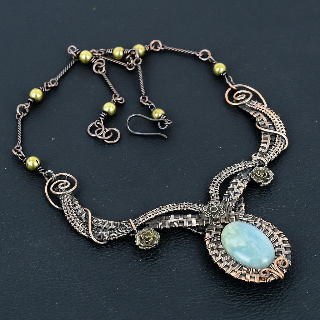 Aquamarine Necklace Handmade Jewelry, 999 Copper Wire Wrapped Necklace Designer Gemstone Jewelry Adjustable Chain Necklace Gift For Mom