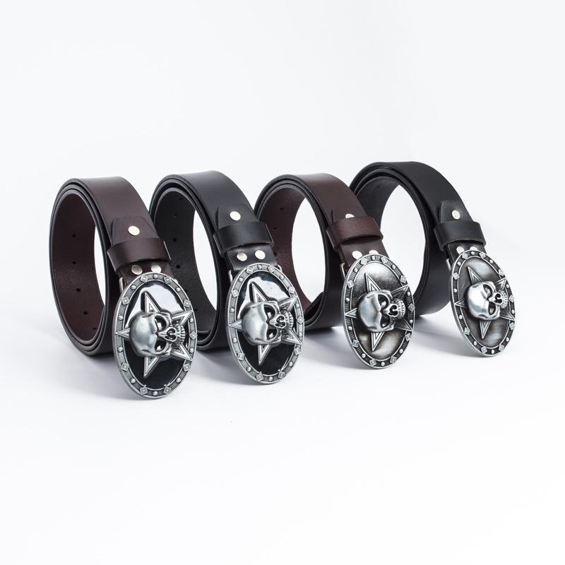 Lotte Jinsen Retro Leather Skull & Star Youth Belt, Trendy Fashion Cowhide Waistband