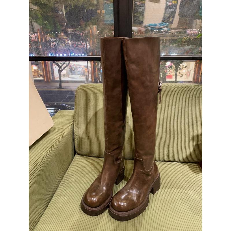 

Вымытая коровья кожа~ Натуральная кожа Толстый каблук Ботфорты выше колена Женские ботинки на толстой подошве Облегающие ботинки Длинные ботинки-рыцари 40