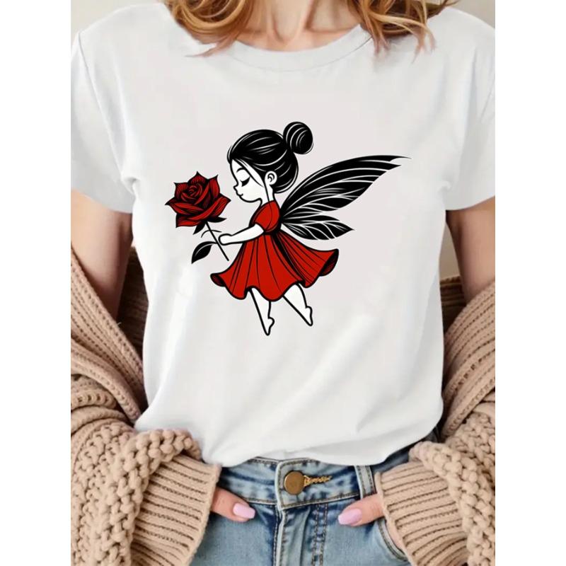 Rose Print, Fairy, Printed T-shirt, Casual Round-neck Short-sleeve Top, Suitable for Spring and Summer Wear, All-season, Women's Clothing