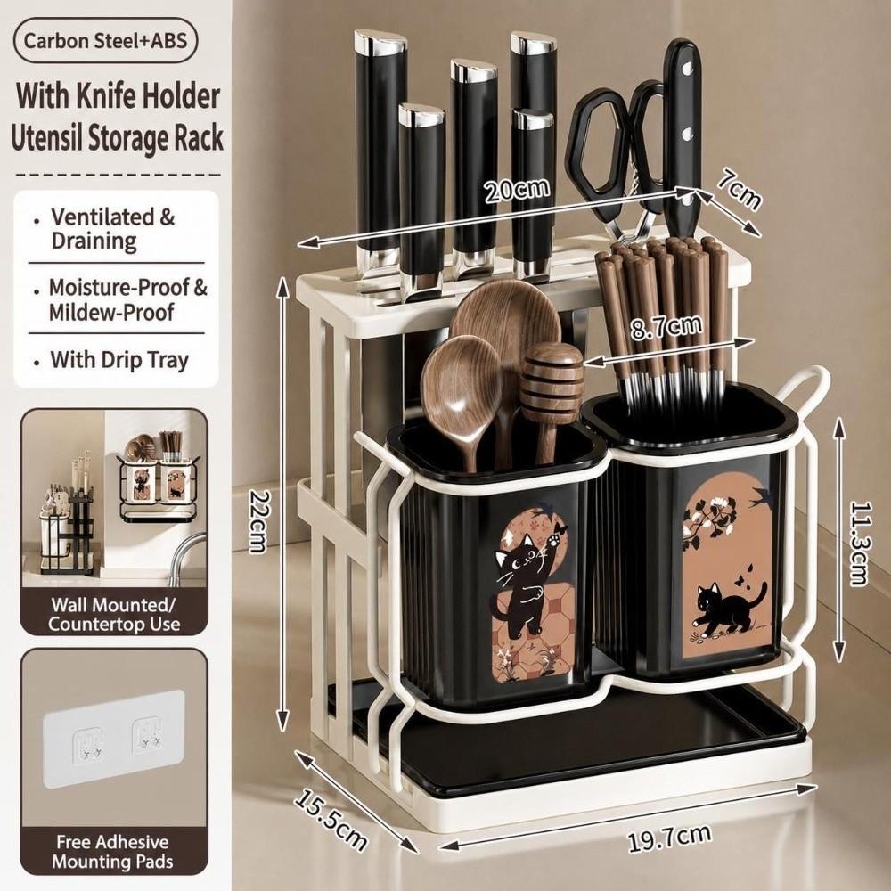 Carbon Steel Kitchen Utensil Holder Detachable Cute Cat Pattern Cutlery Organizer Standing No-drill Utensil Stand
