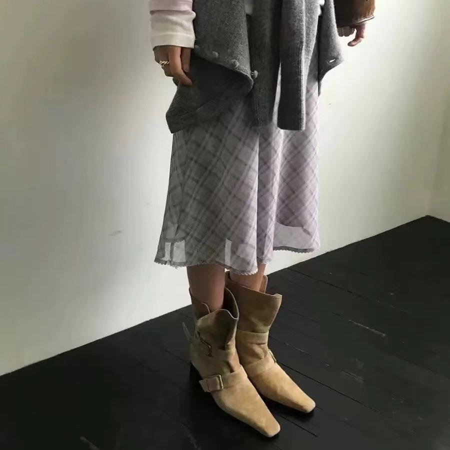 Suede Retro Small Square Head Two Wear Folded Thick Heel Belt Buckle Medium Boots Women's 2025 Autumn and Winter Martin Boots Short Boots