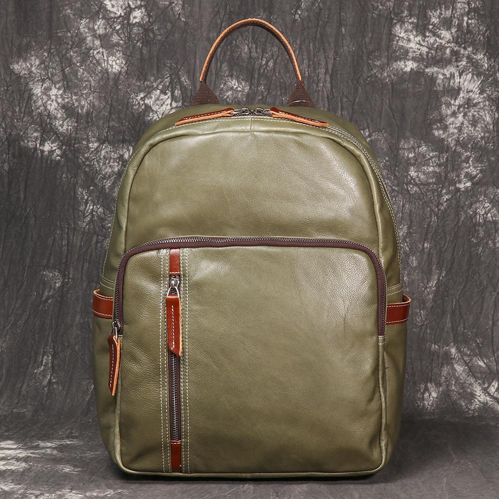Retro Men S Genuine Leather Backpack Casual Versatile Cowhide Travel Backpack Contrasting Color College Soft Leather Schoolbag яблочный зеленый