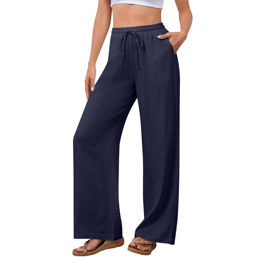 Women's Casual Fashion Cotton-Linen Blend Wide-Leg Pants With Side Pockets