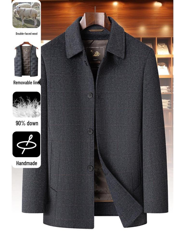 2025 Winter High-End Men's Wool Coat with Detachable Down Liner - Double-Sided Casual Jacket for Middle-Aged and Elderly