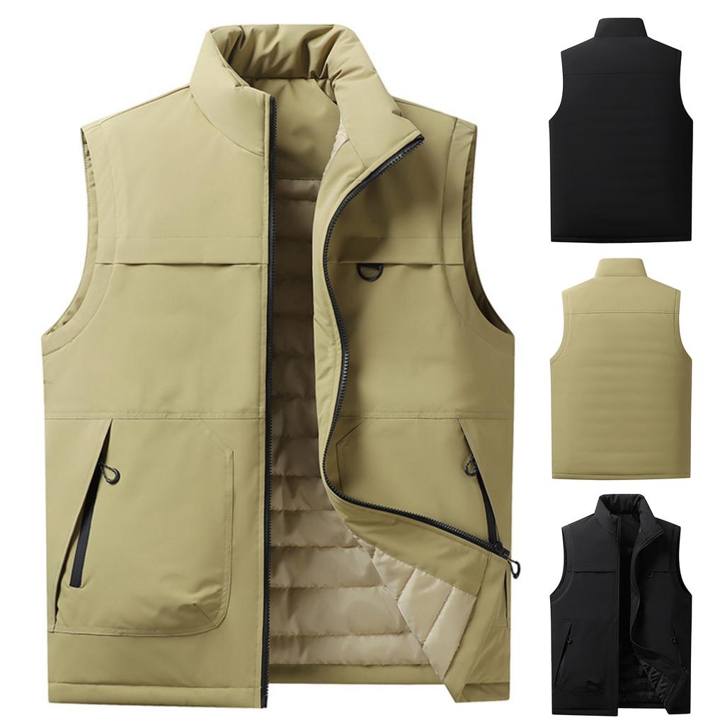Men's Casual Solid-color Light Down Cotton Vest, Men's Stand-up Collar Zip-up Workwear Vest Jacket