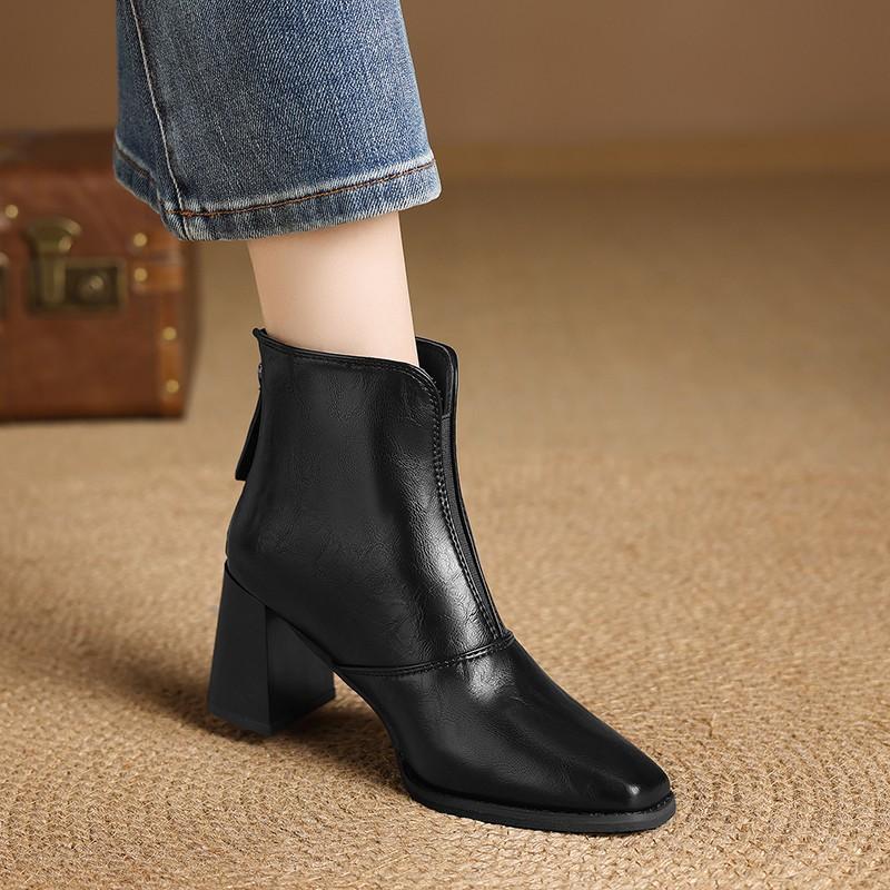 Fashion Internet Celebrity Retro Block Heel Square Toe Booties Women's 2025 Early Autumn New Fashion Rear Zipper High-heeled Boots