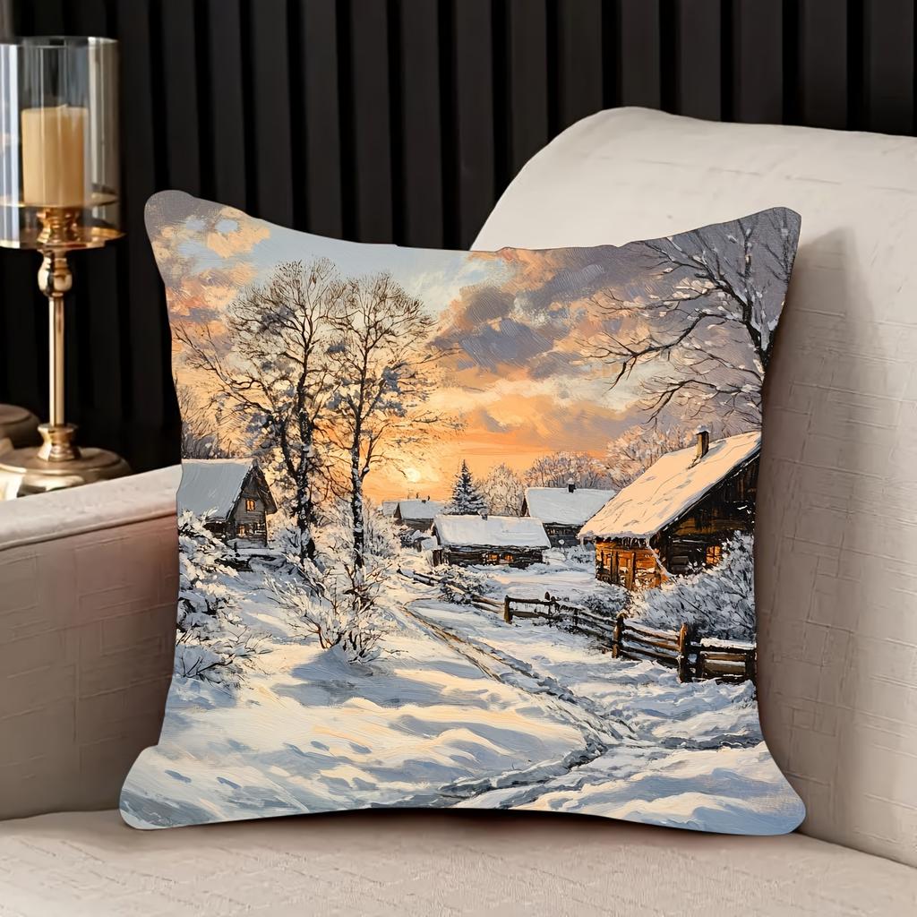 Cozy Nordic Winter Village Pillowcase Throw Cover Snowy Sunset Landscape Cushion Home Decor Scandinavian Farmhouse Art Print