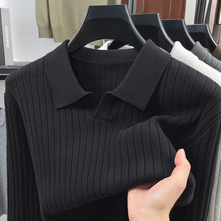 Męski sweter dzianinowy z długim rękawem, gładki, 2025: Wysokiej klasy koszulka polo business casual na wiosnę i jesień
