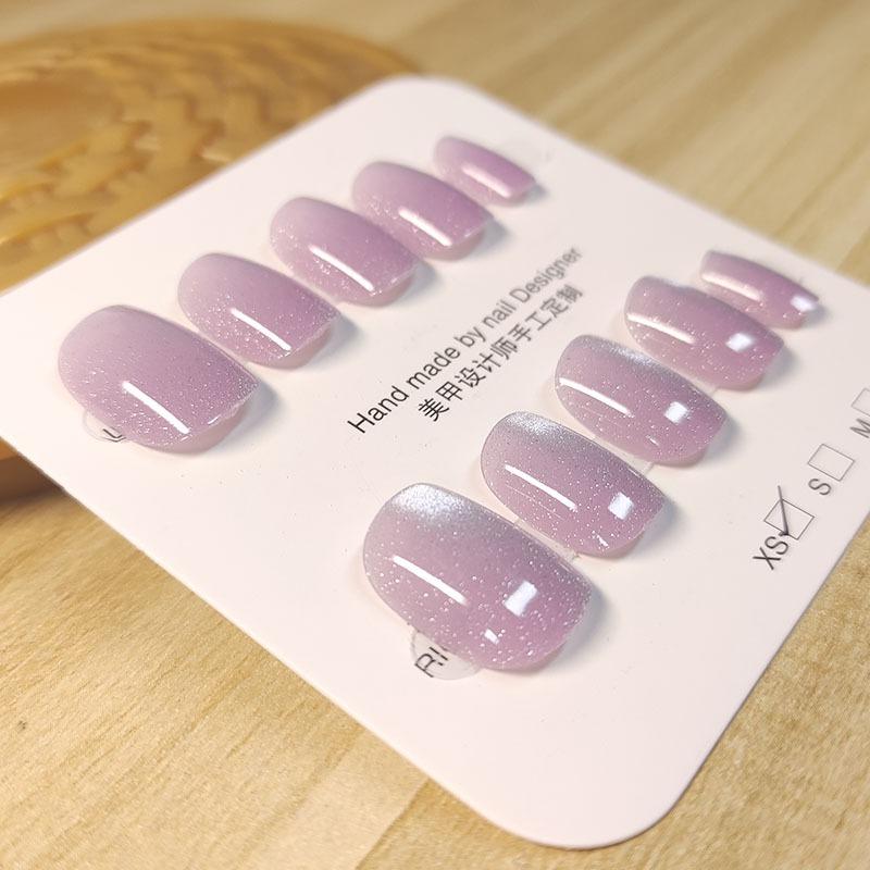 100% HANDMADE Round Shape Fake Nail Set With Glue Art Ice Cream Slightly Transparent Gray Purple Cat'S Eye Short Laser Rainbow Nails Reusable
