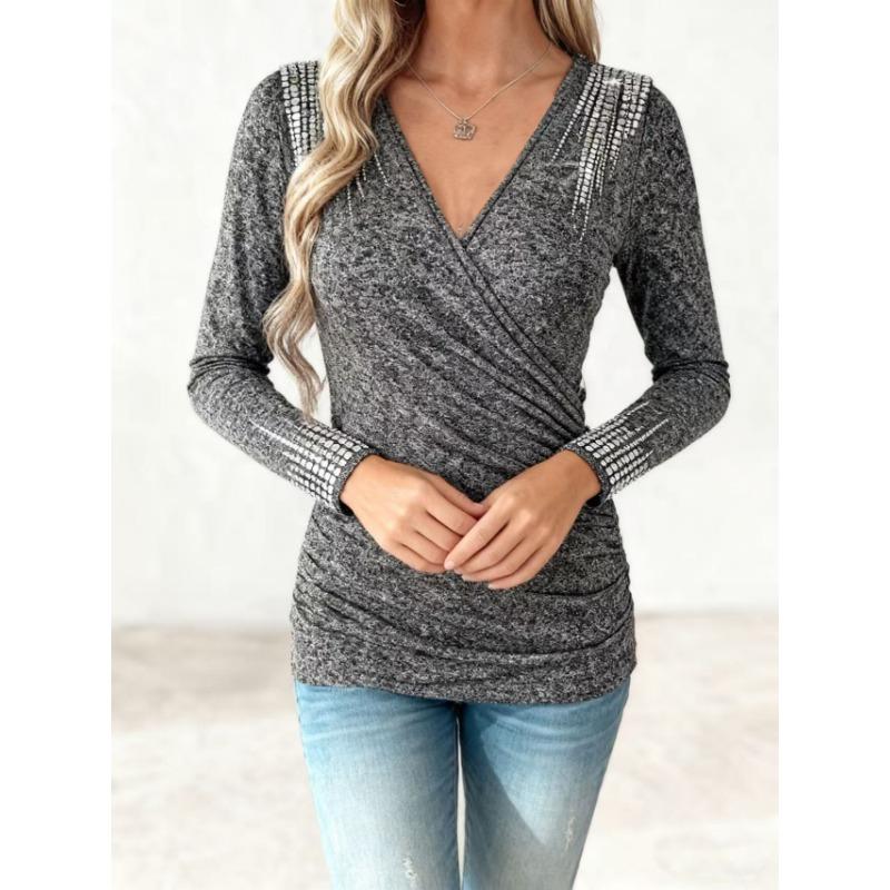 Women S Long Sleeve V Neck Solid Rhinestone T Shirt Plus Size