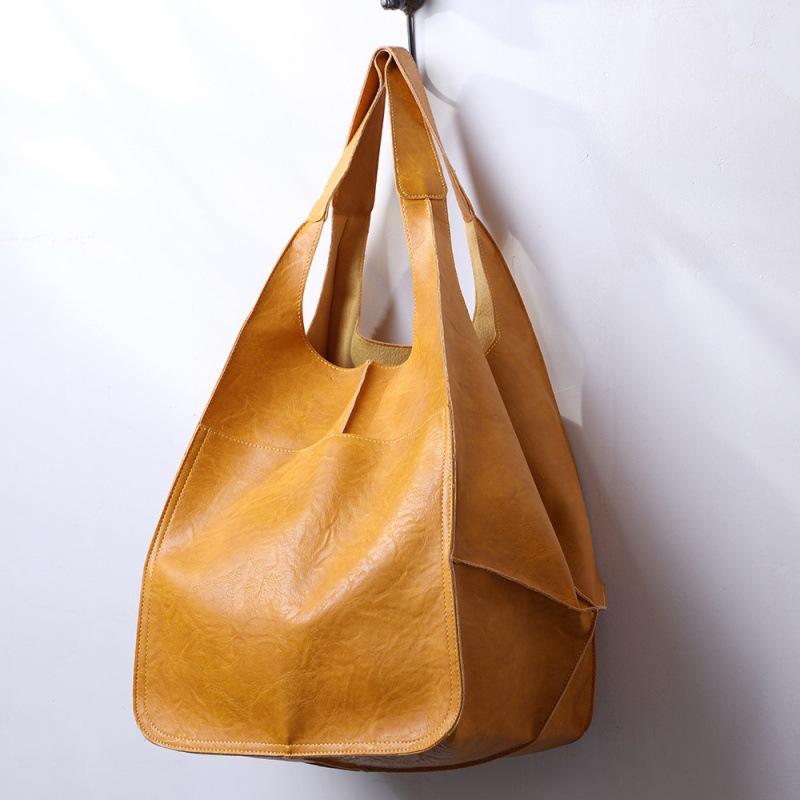 

Retro handbag simple big bag soft leather large capacity red green shoulder commuter tote big bag жёлтый