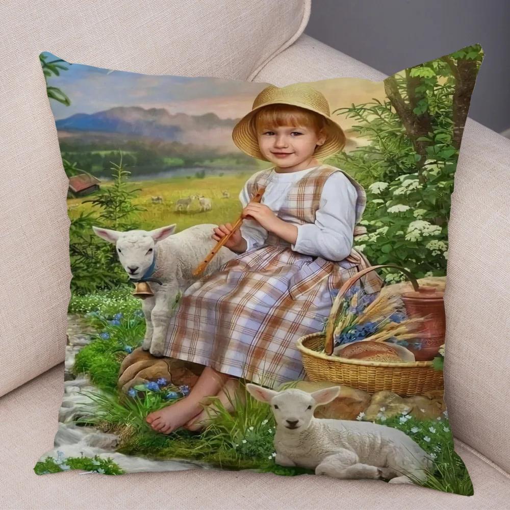 Cute Cartoon Children Cushion Cover Decor Harajuku Oil Painting Lady Pillowcase for Sofa Home Soft Plush Throw Pillow Case