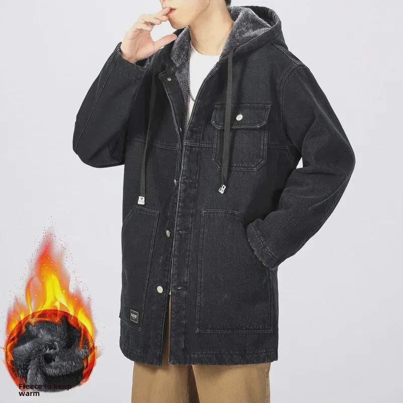 Men's Winter Fleece-Lined Loose-Fit Denim Jacket with Hood - Trendy Mid-Length Lambskin Windbreaker