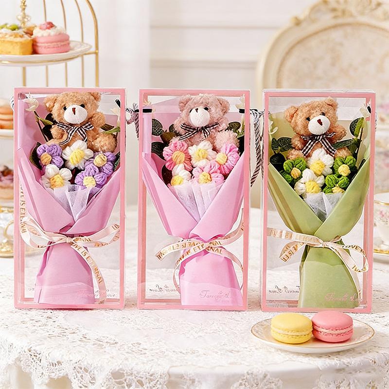 Knitted Flower Bouquet Hand-Woven Flower Cute Bear Bouquets For Mother'S Day Teacher' Day Birthday Graduation Gifts