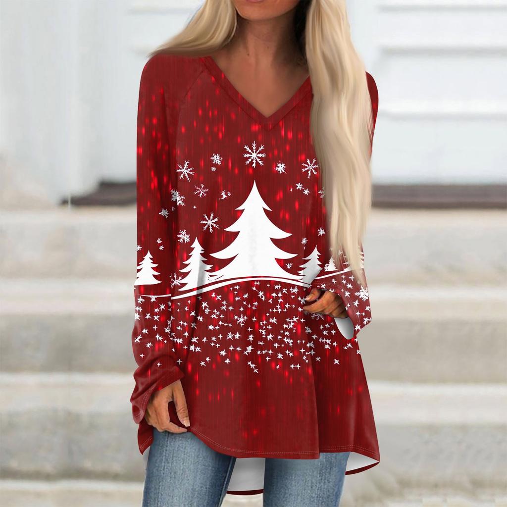 Tricou lung lejer pentru femei, cu mânecă lungă, cu decolteu în V, imprimare florală, casual