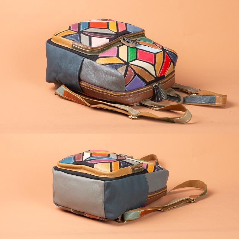 Designer Leather Women's Bag Artistic Bohemian Geometric Contrast Light Casual Backpack