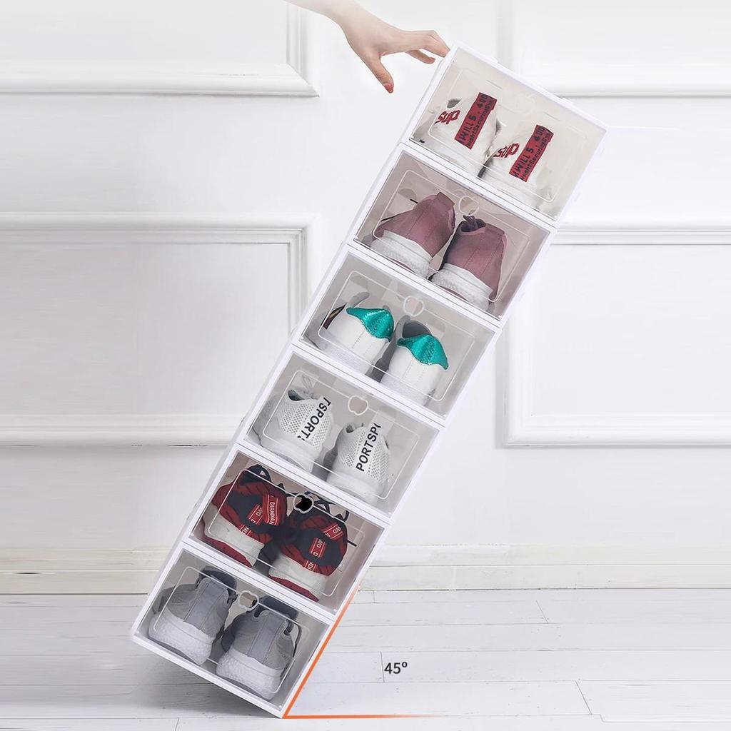 Transparent plastic shoe box with flip cover, stackable and waterproof shoe storage, durable transparent design