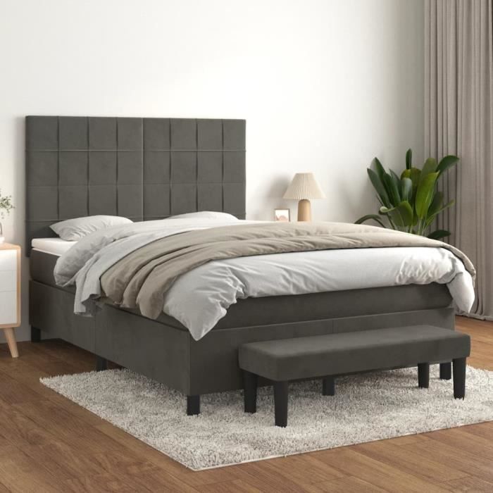 3137846 vidaXL Lit à sommier tapissier et matelas Gris foncé 140x200cm Velours