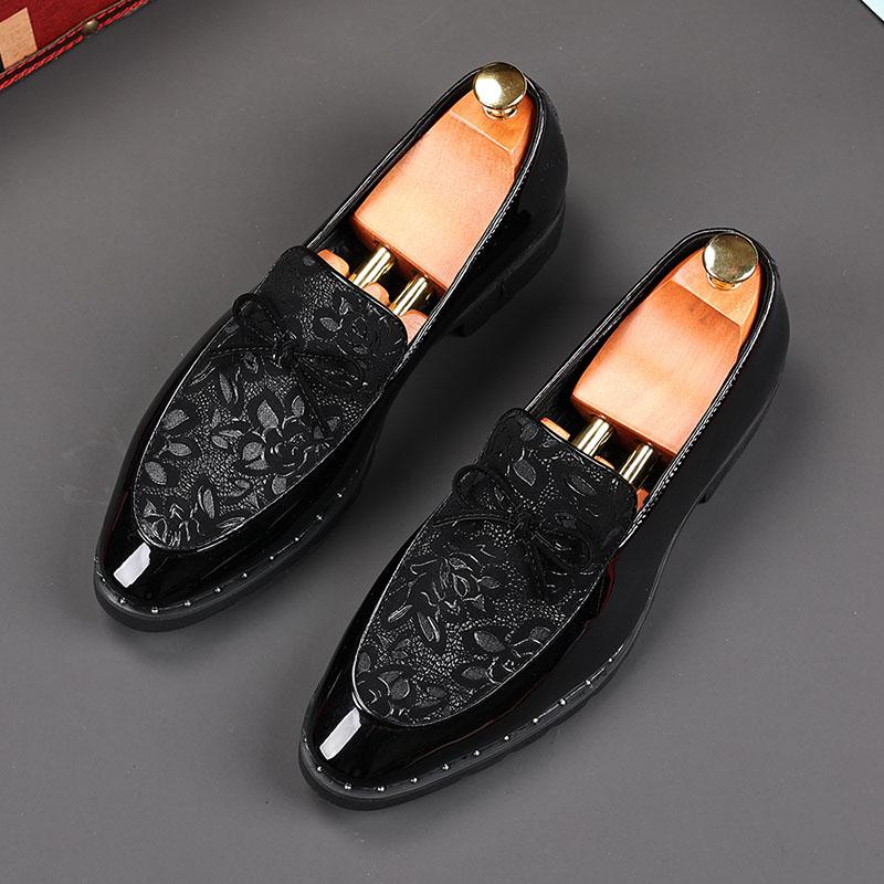 Fashion Fashion Men's Black Pointed Lace Up Patent Leather Oxfords Flats Casual Shoes Male Homecoming Wedding Dress Zapatillas Hombre