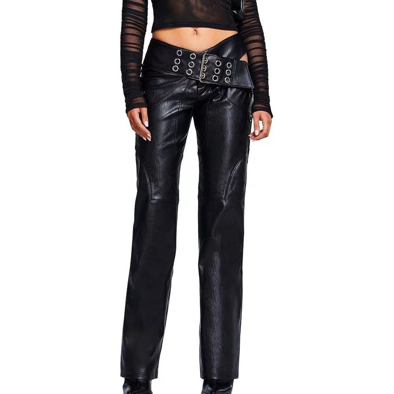 

Iamgia Fashion Silm Metal Low Waist Straight-Leg Pants Black M