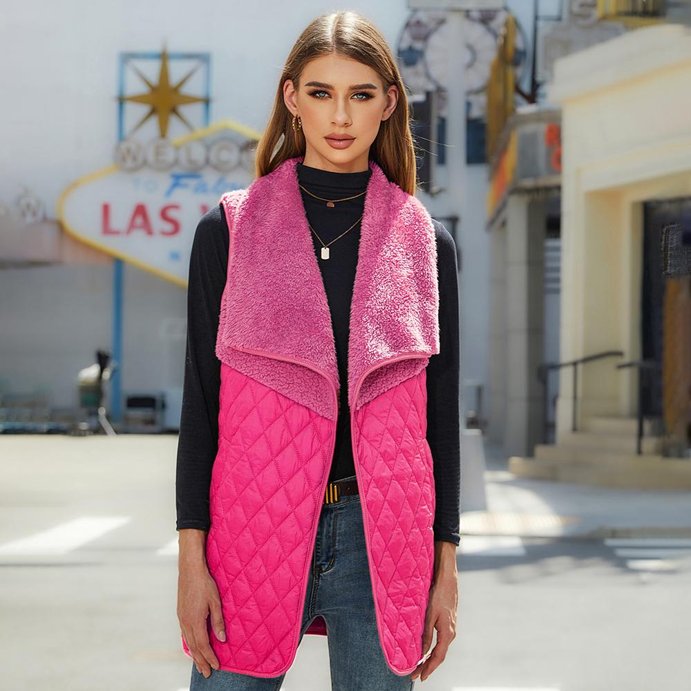 Autumn and Winter Women's Plush Splicing Cardigan Sleeveless Jacket Medium-length Vest