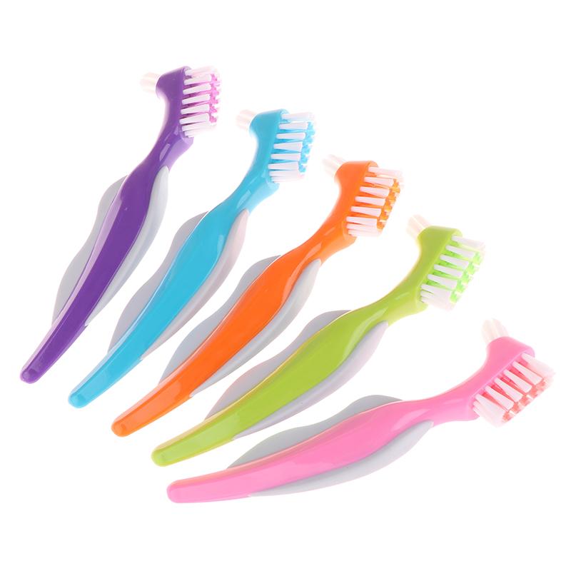 Multi-Layered Bristles Denture Cleaning False Teeth Brush Oral Care Non-Slip Ergonomic Rubber Handle Dual Heads Antibacterial