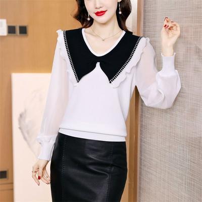 Female Clothing Bow Sailor Collar Shirt Commute Solid Color Spring Autumn Long Sleeve Stylish Folds Spliced Casual Loose Blouse