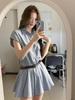 Academy Style Blue Striped Shirt Dress Children Waist Thin Temperament Design Sense Niche Pleated Short Skirt Summer