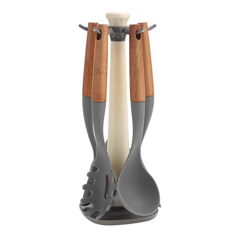 Set di utensili da cucina in silicone: Set di 6 Utensili con Manico in Legno, Resistenti alle Alte Temperature con Supporto, Include Spatola & Mestolo per Zuppa.
