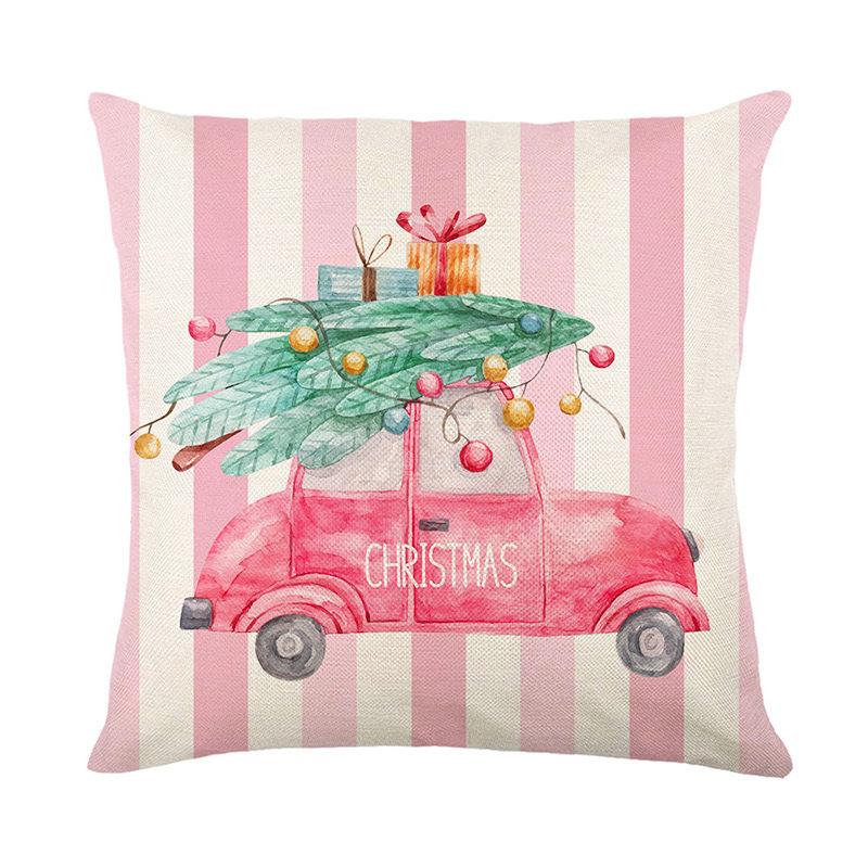Pink Christmas Tree Linen Print Striped Letters Pillow Cover New Cushion Cover