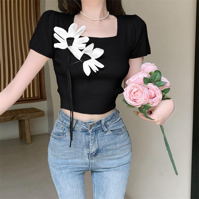 

3D Цветочная кисточка, футболка с вырезом «сердечко», женская, с прямым плечом, с коротким рукавом, летняя мода, квадратный вырез, вязаная, облегающая, топ для горячей девушки One Size [Premium Version] чёрный